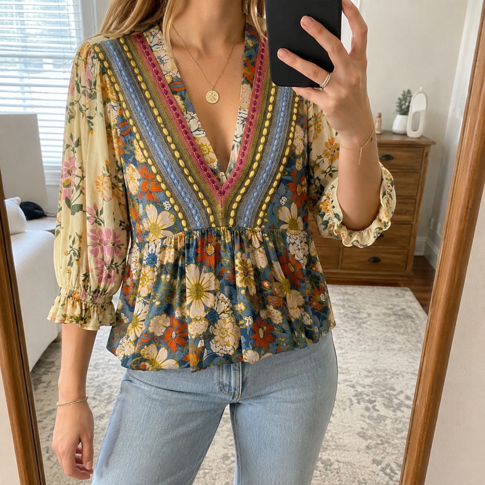 Blank London Floral Embroidered Peasant Top Lg Boho Cottagecore Patchwork Tunic